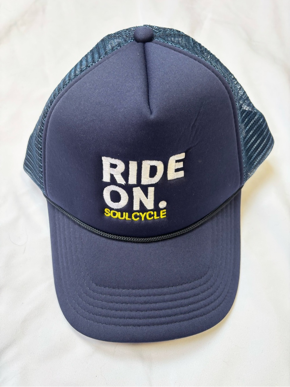 soulcycle Navy Trucker Hat with White and Yellow Embroidery